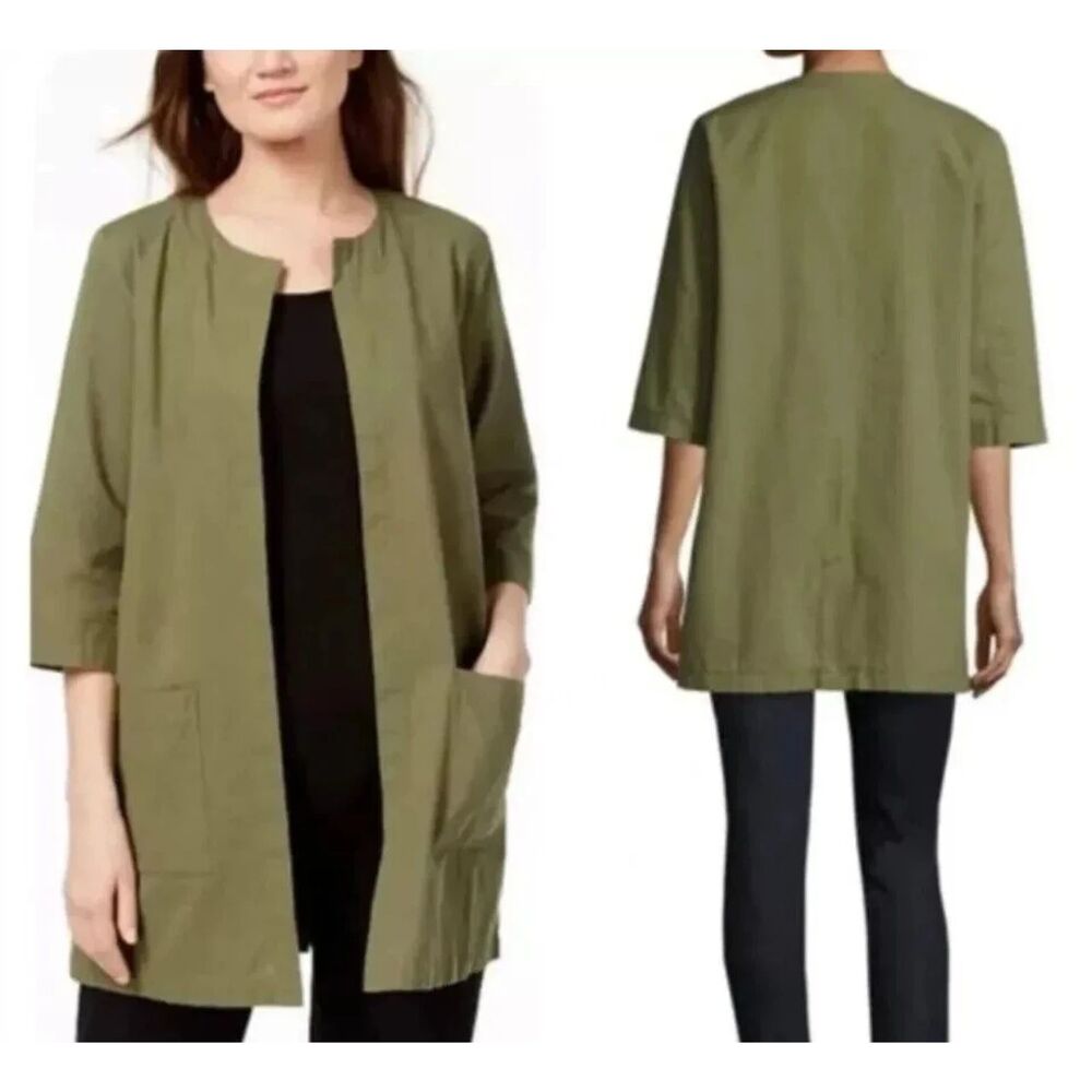 EILEEN FISHER Cross-Dyed Organic Cotton Jacket Olive Green Lagenlook Medium